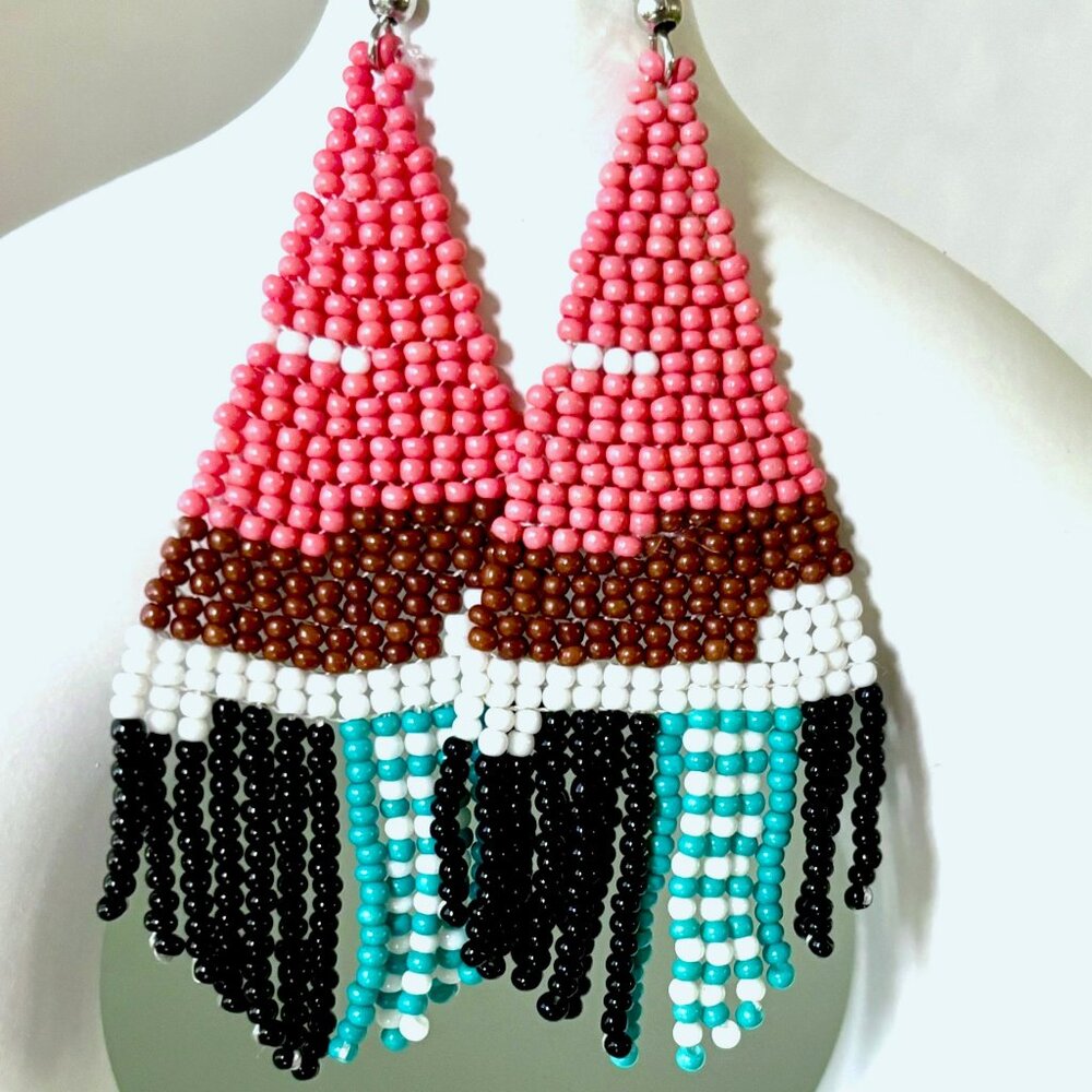 3 1/4"L Contemporary Modern Color Block Seed Bead Hand Beaded Dangle Earrings